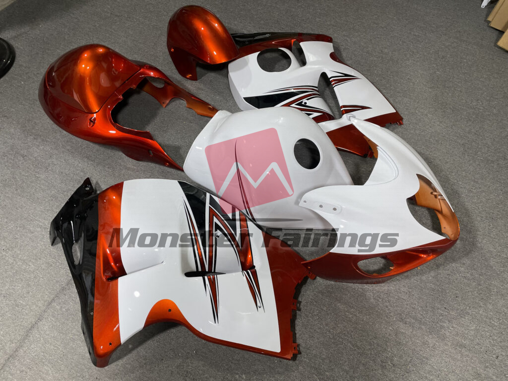 Suzuki GSXR 1300 custom ABS fairings 1997 - 2007 in Gloss Orange & White - durable replacement kit, Monster Fairings