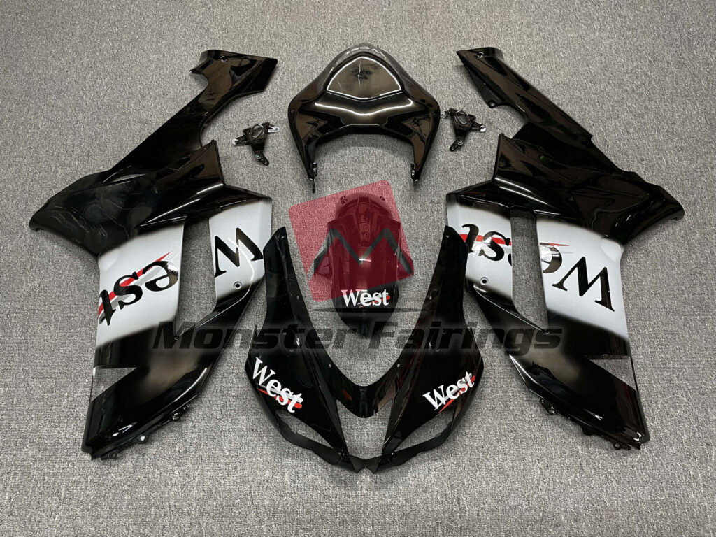Kawasaki ZX6R 2007 - 2008 Gloss Black & White West ABS fairings - custom motorcycle bodywork kit by Monster Fairings