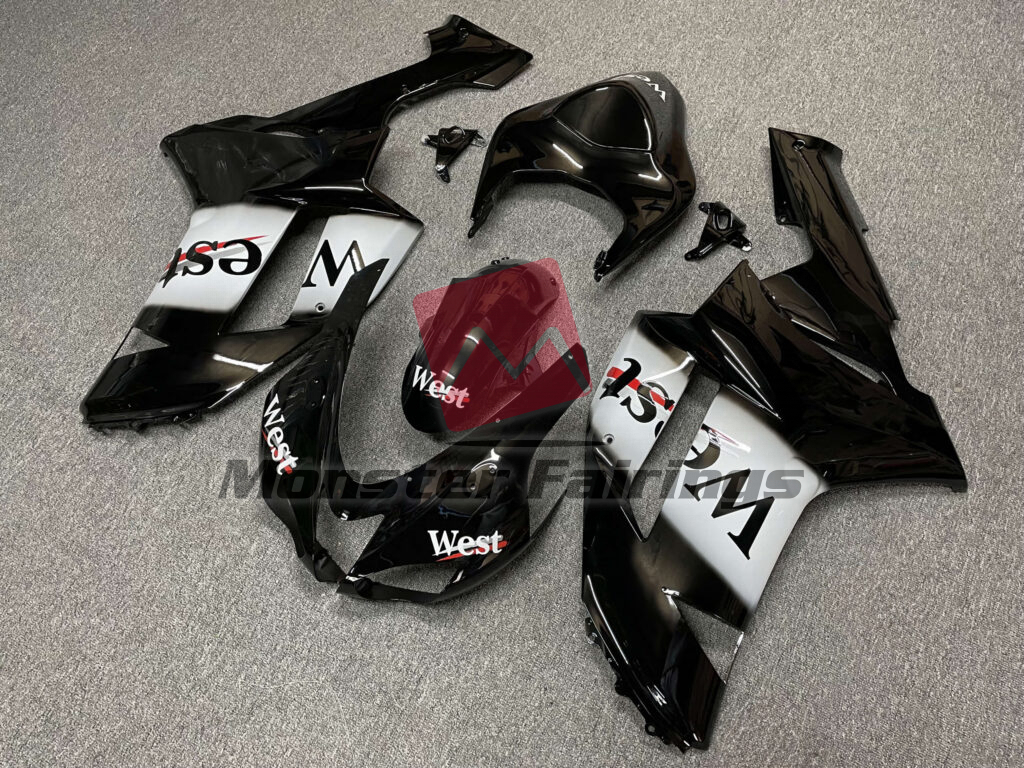Kawasaki ZX6R custom ABS fairings 2007 - 2008 in Gloss Black & White West - durable replacement kit, Monster Fairings