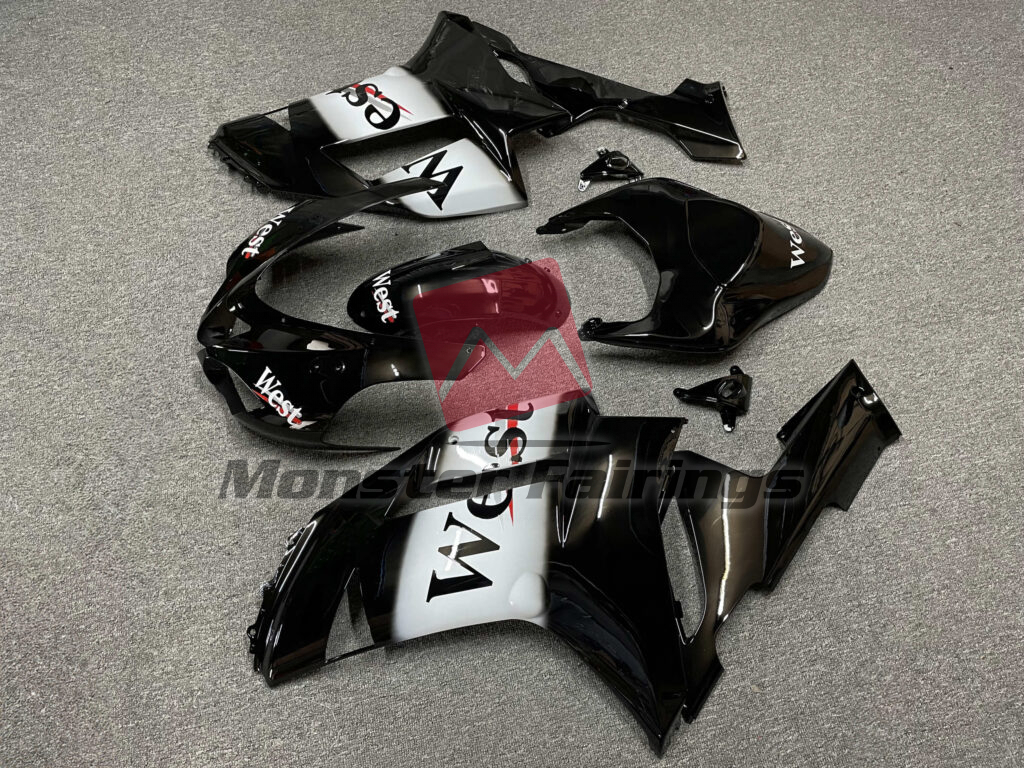 2007 - 2008 Kawasaki ZX6R Gloss Black & White West fairing set - ABS injection, custom painted by Monster Fairings