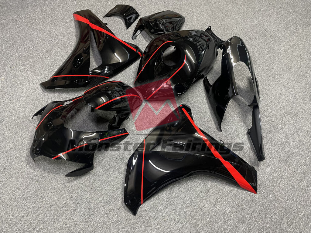 Honda CBR1000RR custom ABS fairings 2008 - 2011 in Gloss Black with Red Stripes - durable replacement kit, Monster Fairings