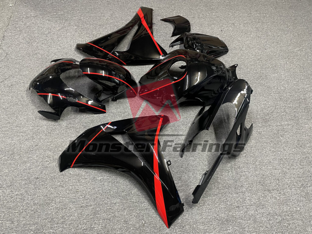 2008 - 2011 Honda CBR1000RR Gloss Black with Red Stripes fairing set - ABS injection, custom painted by Monster Fairings