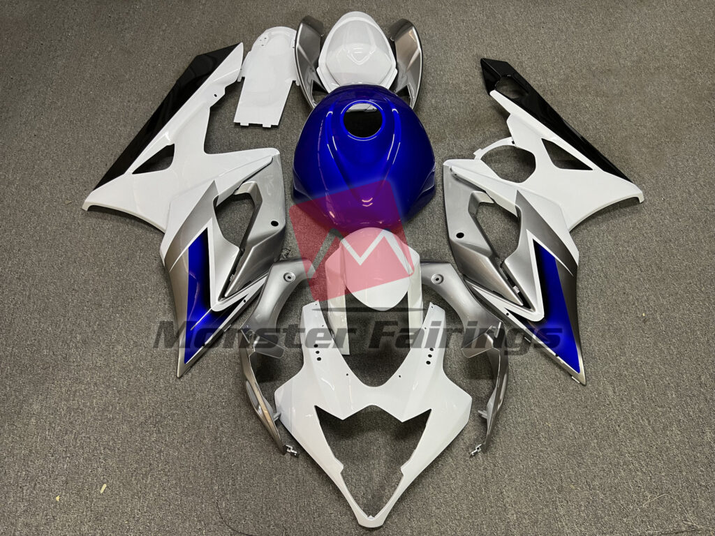 Suzuki GSXR 1000 2005 - 2006 Gloss White, Silver & Blue ABS fairings - custom motorcycle bodywork kit by Monster Fairings