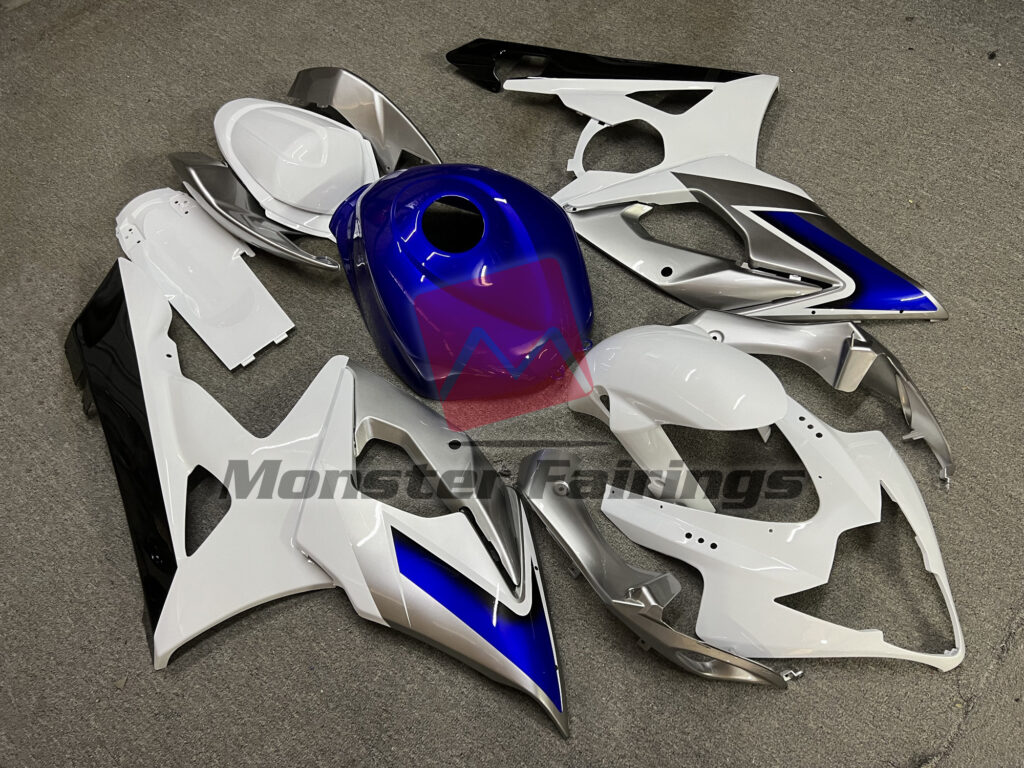 Gloss White, Silver & Blue ABS fairings for Suzuki GSXR 1000 2005 - 2006 - premium OEM fit kit by Monster Fairings