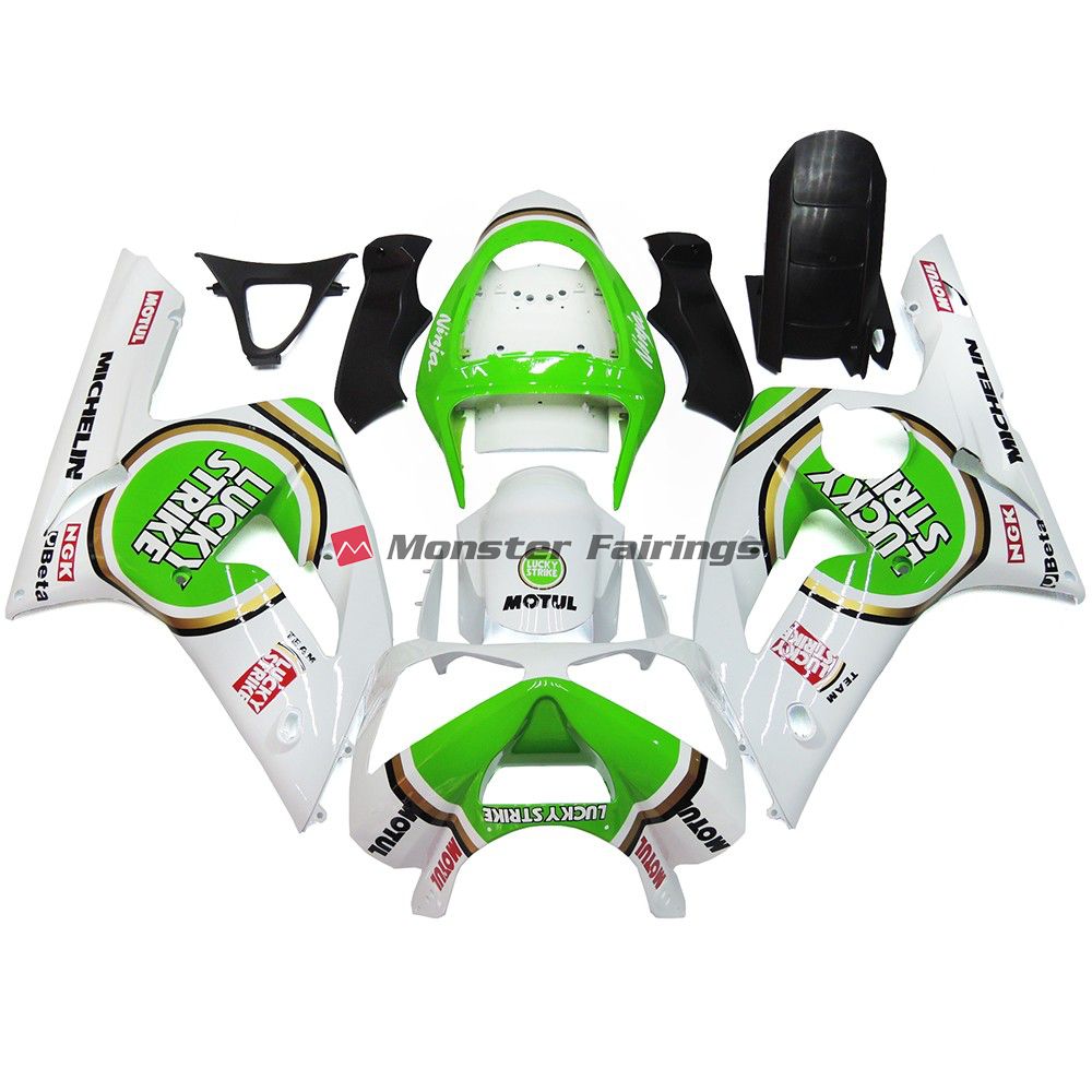 Kawasaki ZX6R 2003 - 2004 Green Lucky Strike Gloss ABS fairings - custom motorcycle bodywork kit by Monster Fairings