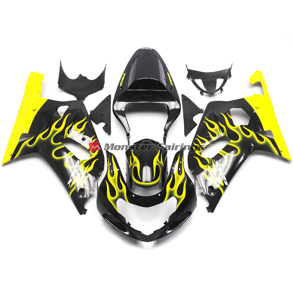 Suzuki GSXR 600 - 750 2001 - 2003 Vibrant Yellow Flame ABS fairings - custom motorcycle bodywork kit by Monster Fairings