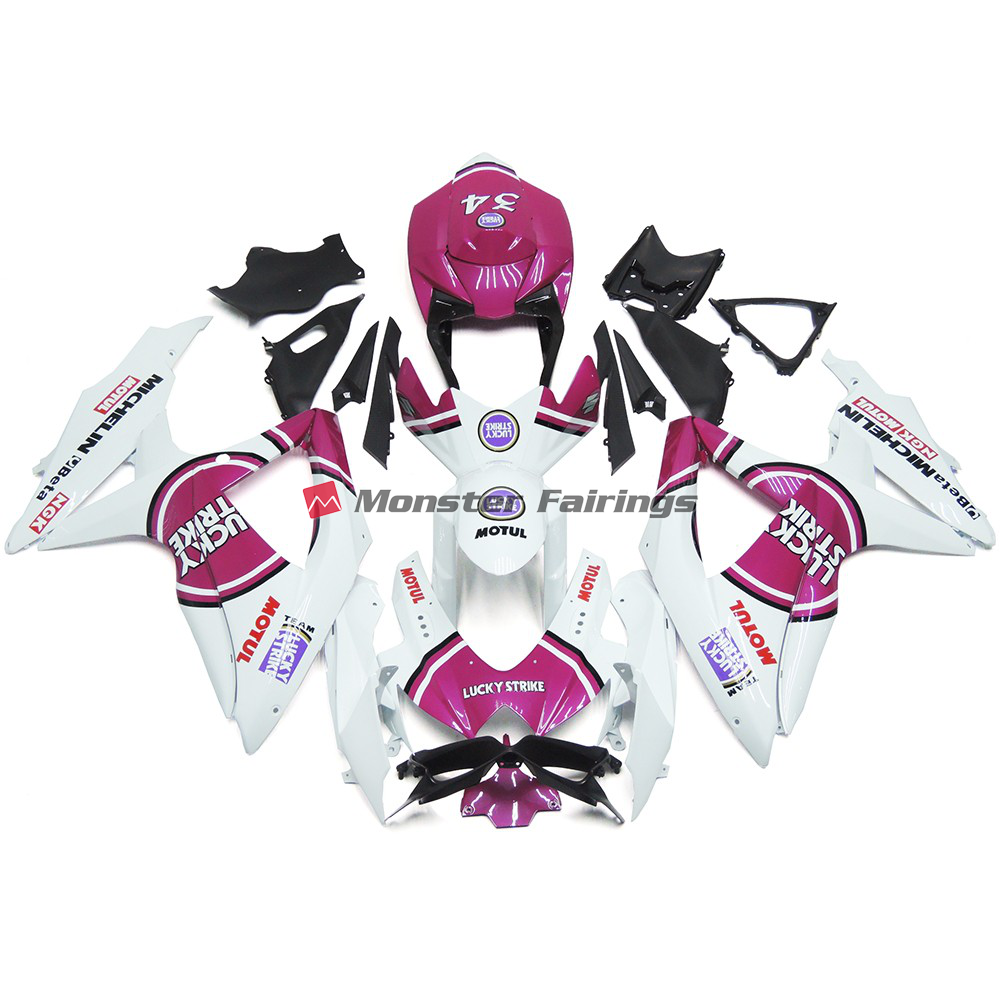 Suzuki GSXR 600 - 750 2008 - 2010 Pink 34 Lucky Strike ABS fairings - custom motorcycle bodywork kit by Monster Fairings