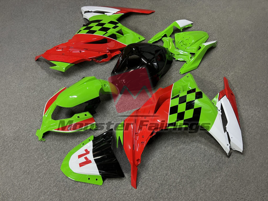Gloss Light Green & Red Black & White ABS fairings for Kawasaki Ninja 300 2013 - 2022 - premium OEM fit kit by Monster Fairings