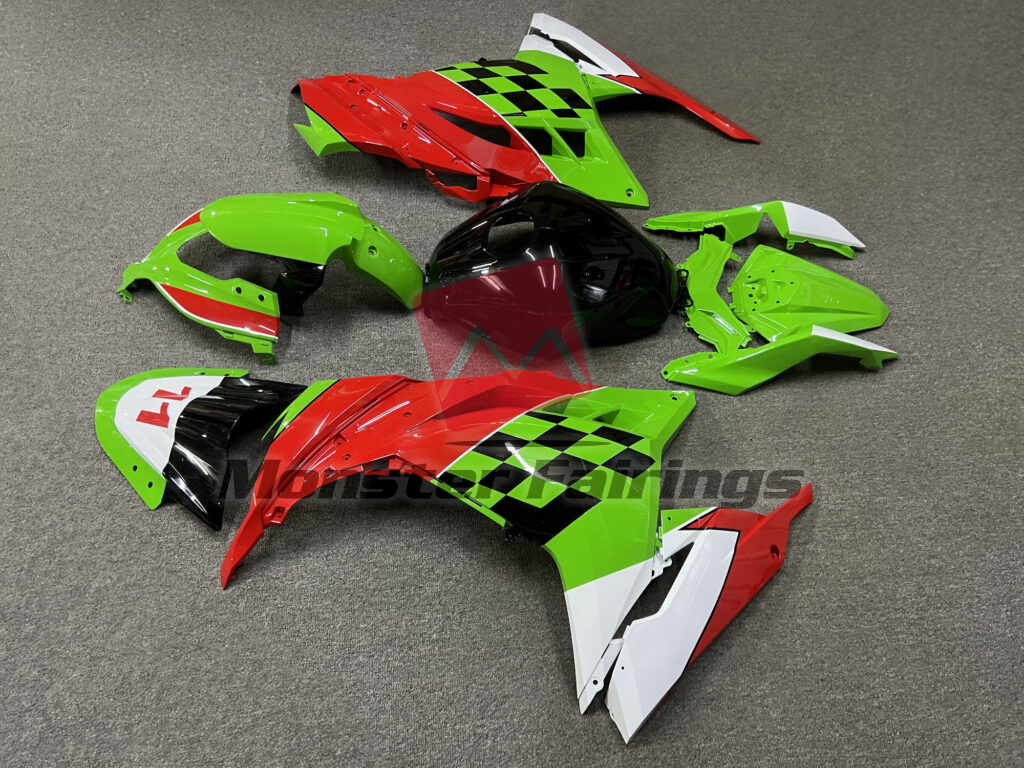 Kawasaki Ninja 300 custom ABS fairings 2013 - 2022 in Gloss Light Green & Red Black & White - durable replacement kit, Monster Fairings