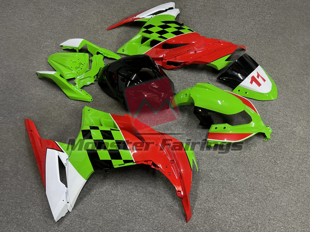 2013 - 2022 Kawasaki Ninja 300 Gloss Light Green & Red Black & White fairing set - ABS injection, custom painted by Monster Fairings