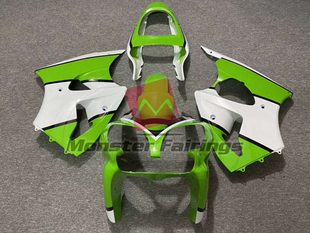 Kawasaki ZX6R 2000 - 2002 Gloss Green & White ABS fairings - custom motorcycle bodywork kit by Monster Fairings