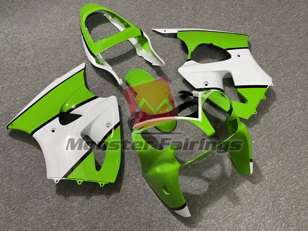 Kawasaki ZX6R custom ABS fairings 2000 - 2002 in Gloss Green & White - durable replacement kit, Monster Fairings
