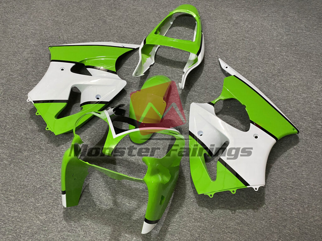 2000 - 2002 Kawasaki ZX6R Gloss Green & White fairing set - ABS injection, custom painted by Monster Fairings