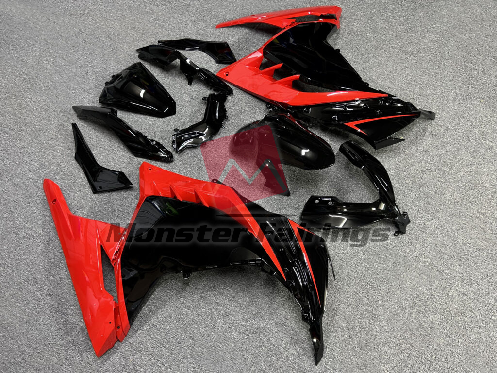 2013 - 2022 Kawasaki Ninja 300 Gloss Black & Red fairing set - ABS injection, custom painted by Monster Fairings
