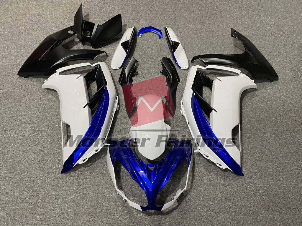Kawasaki Ninja 650R 2012 - 2016 Gloss White & Blue Matte Black ABS fairings - custom motorcycle bodywork kit by Monster Fairings