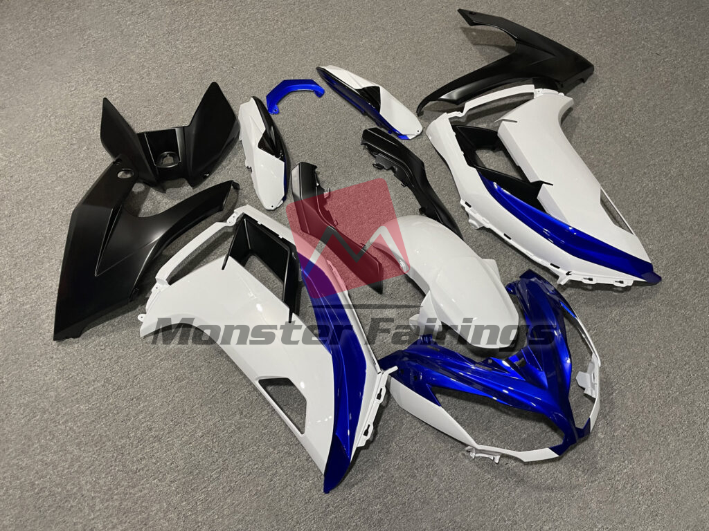 Gloss White & Blue Matte Black ABS fairings for Kawasaki Ninja 650R 2012 - 2016 - premium OEM fit kit by Monster Fairings