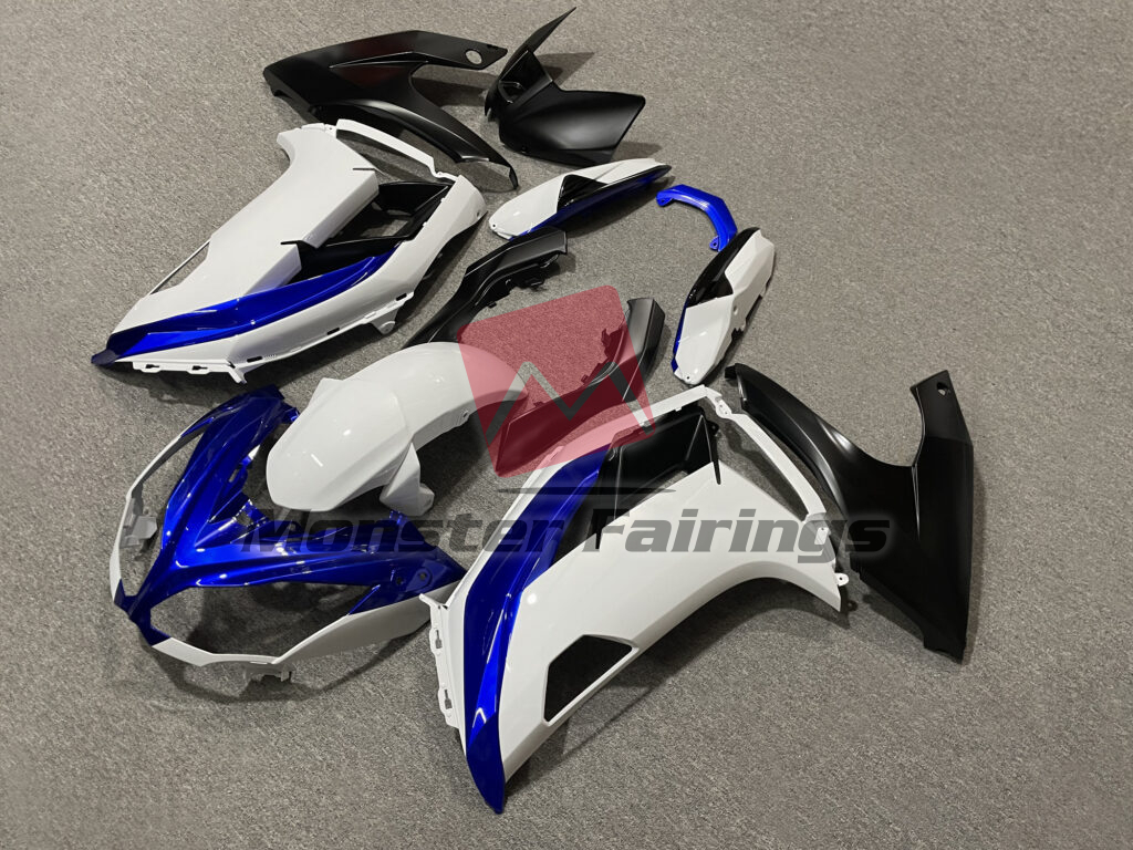 Kawasaki Ninja 650R custom ABS fairings 2012 - 2016 in Gloss White & Blue Matte Black - durable replacement kit, Monster Fairings