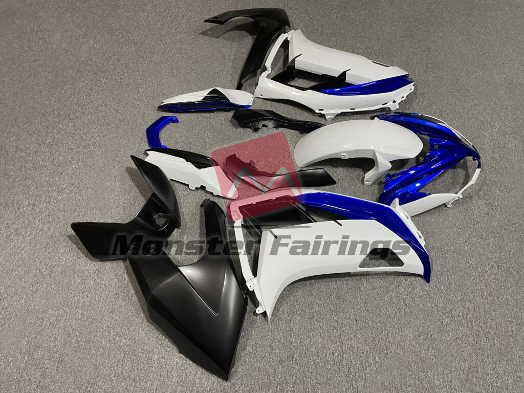 2012 - 2016 Kawasaki Ninja 650R Gloss White & Blue Matte Black fairing set - ABS injection, custom painted by Monster Fairings