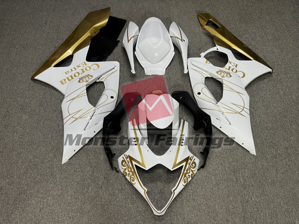 Suzuki GSXR 1000 2005 - 2006 Gloss White & Gold Corona ABS fairings - custom motorcycle bodywork kit by Monster Fairings