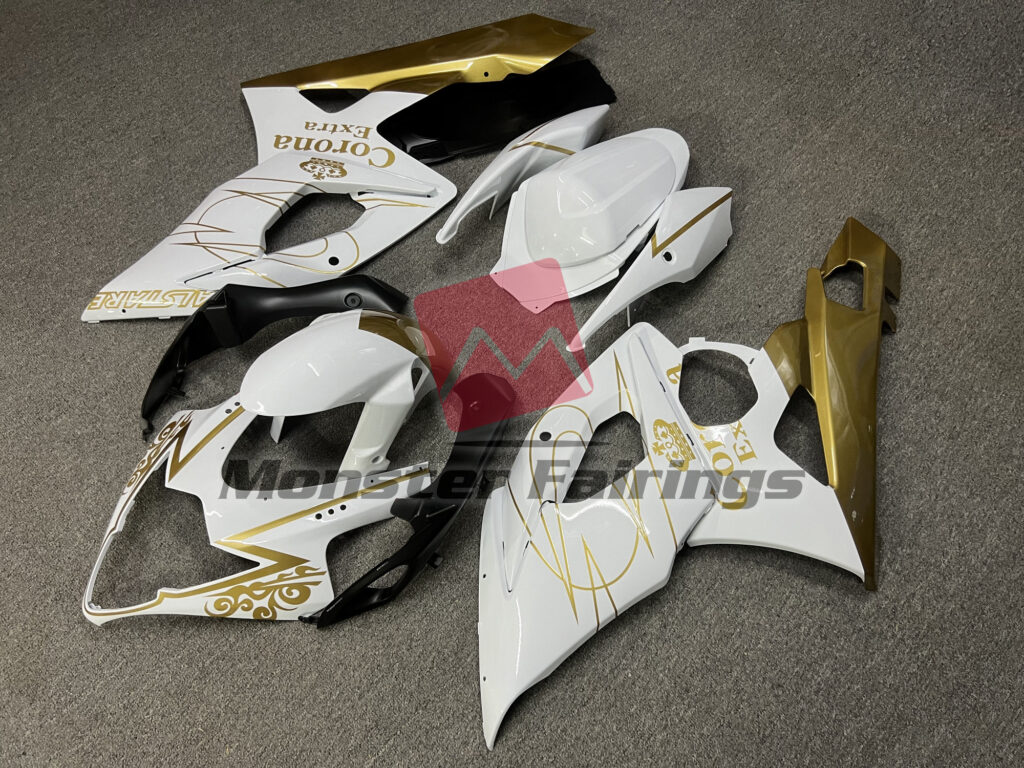 Gloss White & Gold Corona ABS fairings for Suzuki GSXR 1000 2005 - 2006 - premium OEM fit kit by Monster Fairings