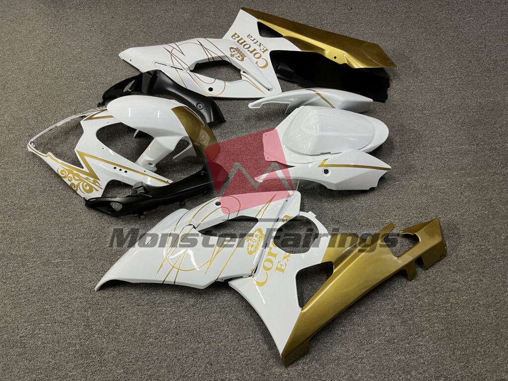 Suzuki GSXR 1000 custom ABS fairings 2005 - 2006 in Gloss White & Gold Corona - durable replacement kit, Monster Fairings