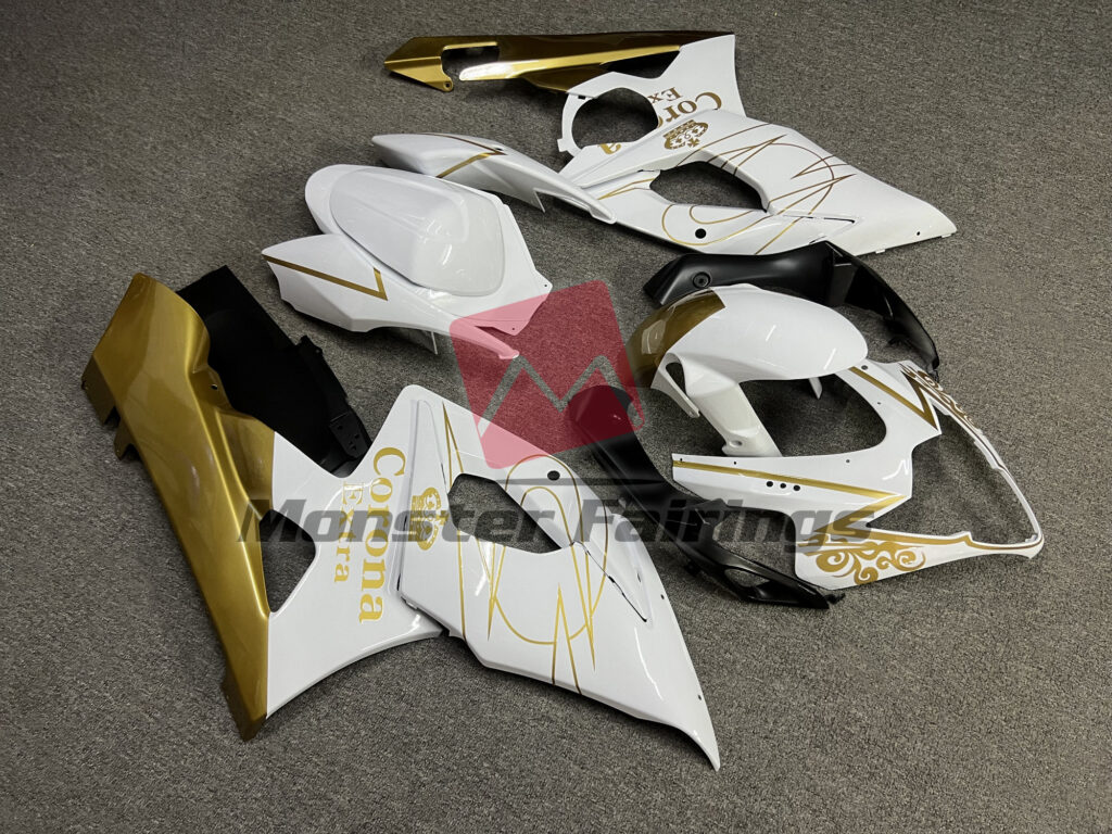 2005 - 2006 Suzuki GSXR 1000 Gloss White & Gold Corona fairing set - ABS injection, custom painted by Monster Fairings
