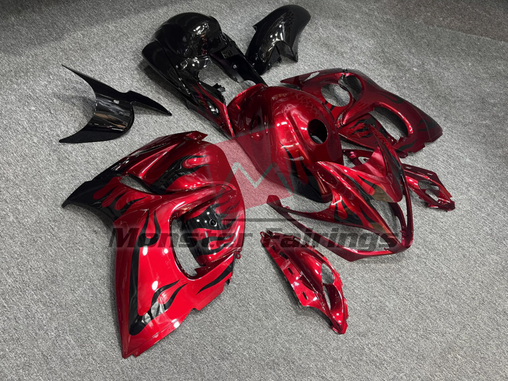 Suzuki GSXR 1300 custom ABS fairings 2008 - 2020 in Gloss Red with Black Flame - durable replacement kit, Monster Fairings