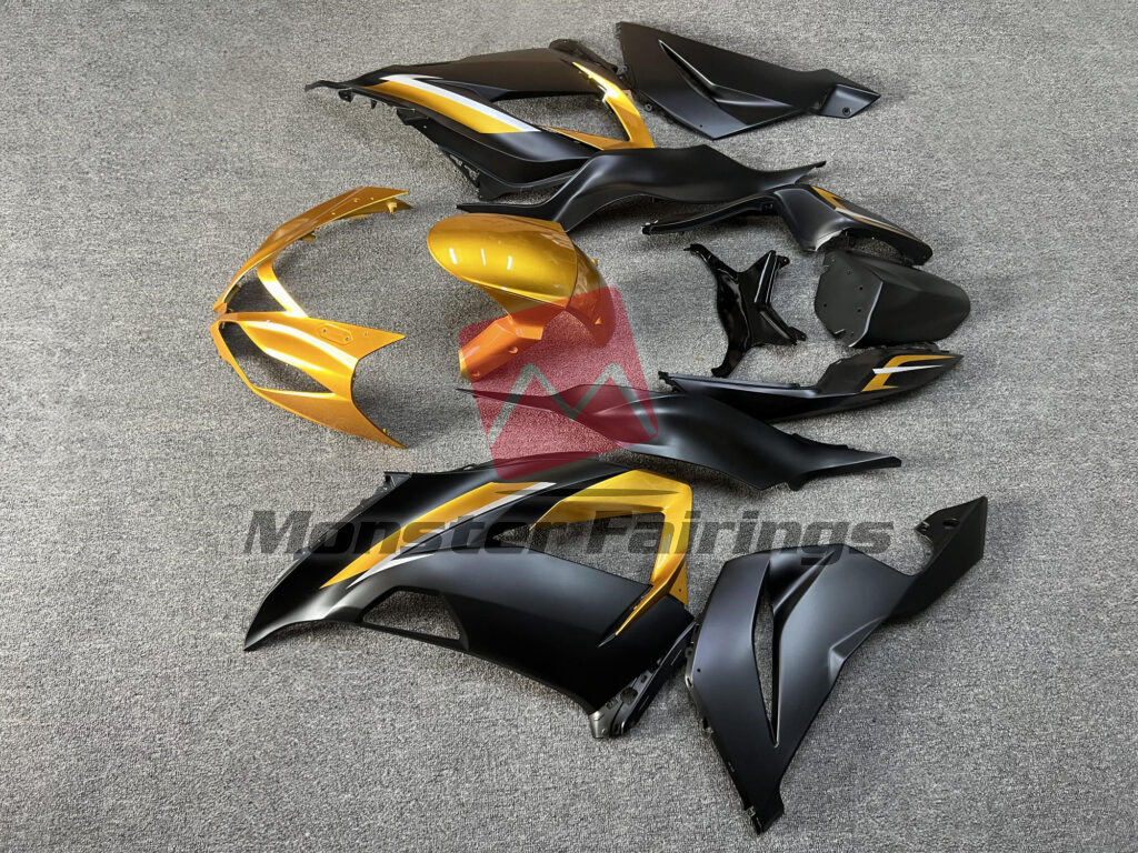 Kawasaki ZX6R custom ABS fairings 2013 - 2018 in Matte Black & Gold - durable replacement kit, Monster Fairings