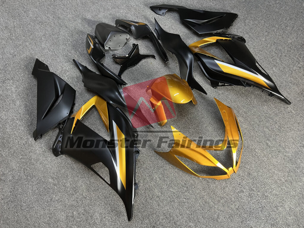 2013 - 2018 Kawasaki ZX6R Matte Black & Gold fairing set - ABS injection, custom painted by Monster Fairings