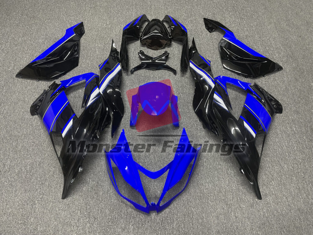 Kawasaki ZX6R 2013 - 2018 Gloss Black with Deep Blue & White ABS fairings - custom motorcycle bodywork kit by Monster Fairings