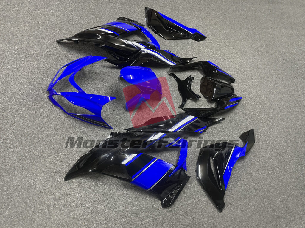 Kawasaki ZX6R custom ABS fairings 2013 - 2018 in Gloss Black with Deep Blue & White - durable replacement kit, Monster Fairings