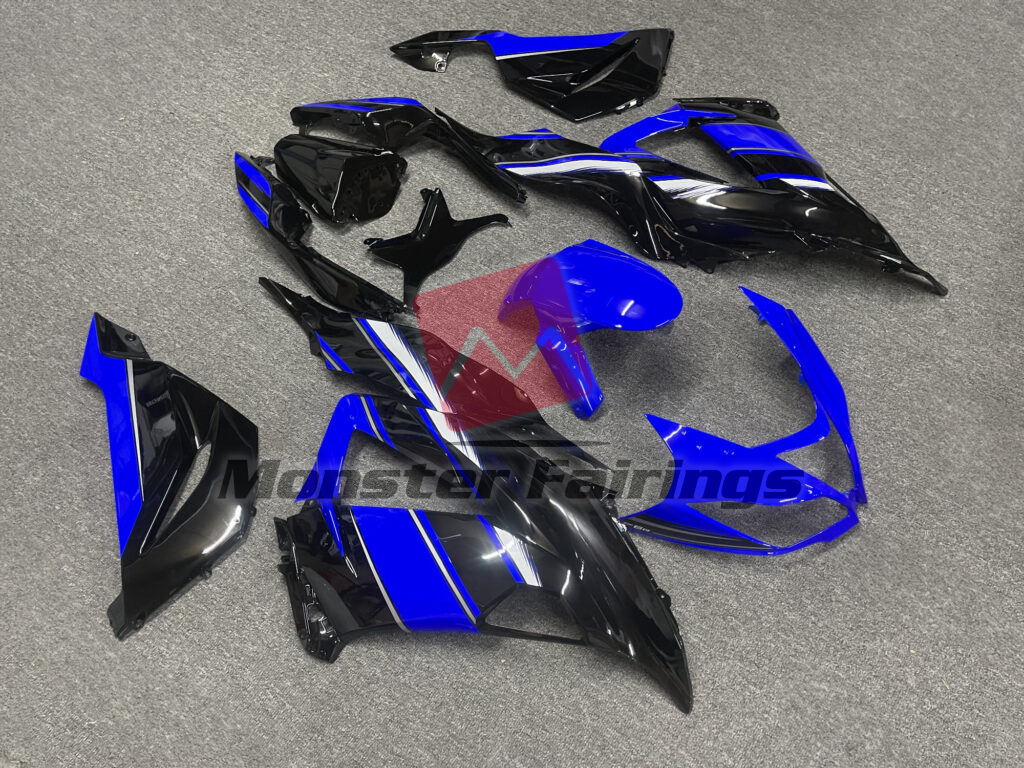 2013 - 2018 Kawasaki ZX6R Gloss Black with Deep Blue & White fairing set - ABS injection, custom painted by Monster Fairings