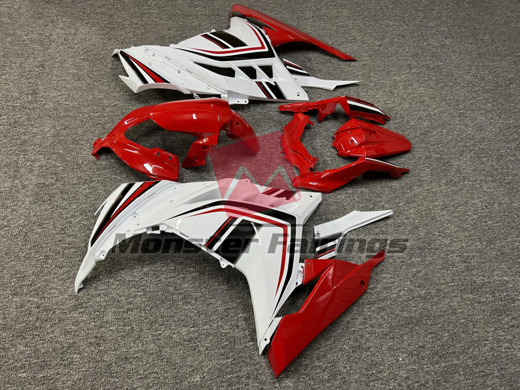 2013 - 2022 Kawasaki Ninja 300 Gloss Red & White Black fairing set - ABS injection, custom painted by Monster Fairings