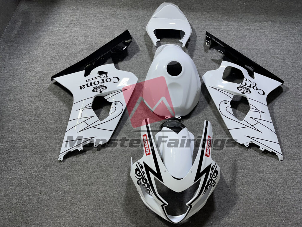 Suzuki GSXR 600 - 750 2004 - 2005 Gloss Black and White Corona Style ABS fairings - custom motorcycle bodywork kit by Monster Fairings