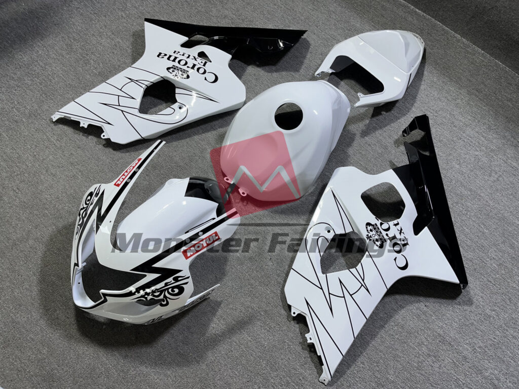 Gloss Black and White Corona Style ABS fairings for Suzuki GSXR 600 - 750 2004 - 2005 - premium OEM fit kit by Monster Fairings
