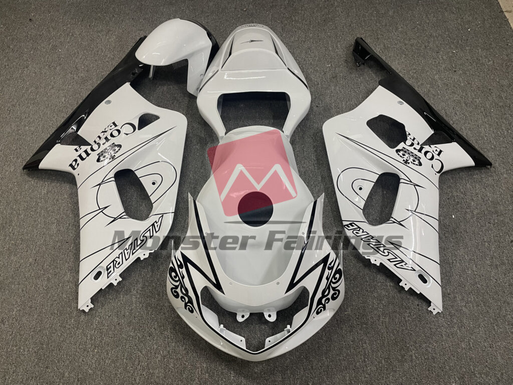 Suzuki GSXR 600 - 750 2001 - 2003 Gloss White Corona and Black ABS fairings - custom motorcycle bodywork kit by Monster Fairings