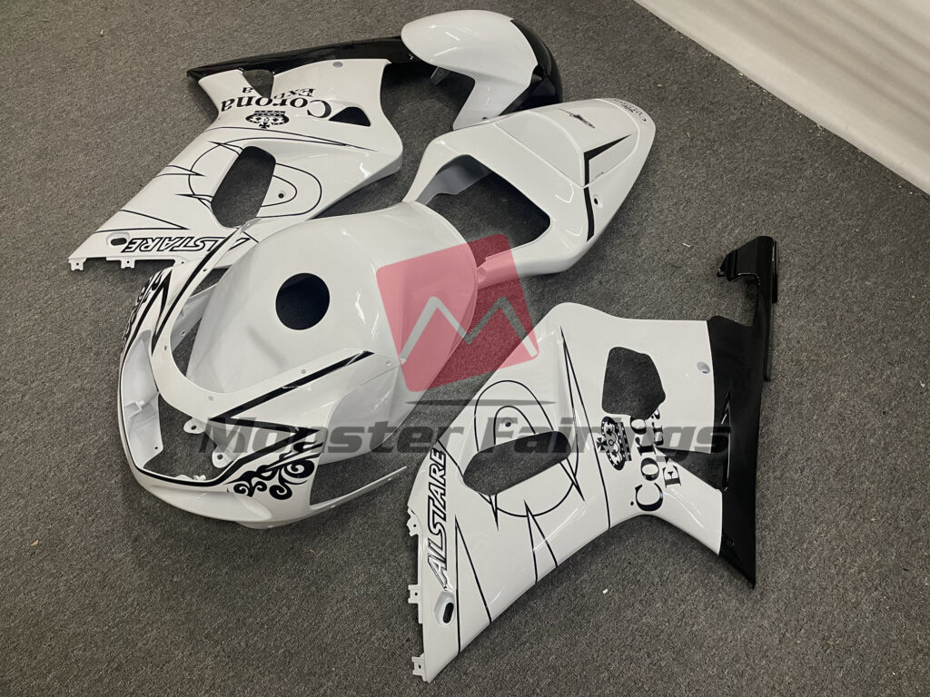 Gloss White Corona and Black ABS fairings for Suzuki GSXR 600 - 750 2001 - 2003 - premium OEM fit kit by Monster Fairings