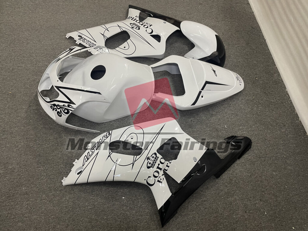 Suzuki GSXR custom ABS fairings 2001 - 2003 in Gloss White Corona and Black - durable replacement kit, Monster Fairings