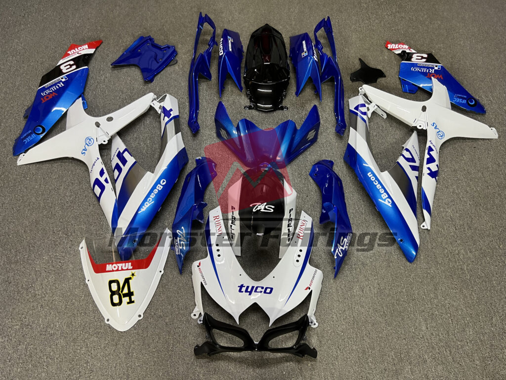 Suzuki GSXR 600 - 750 2008 - 2010 Gloss White & Blue with Red TYCO ABS fairings - custom motorcycle bodywork kit by Monster Fairings