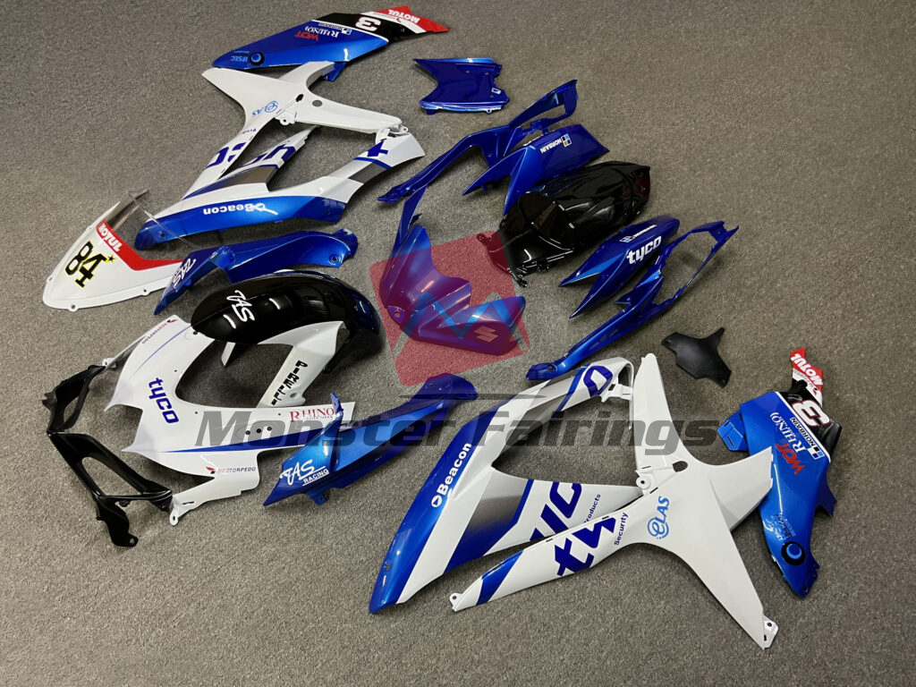 Gloss White & Blue with Red TYCO ABS fairings for Suzuki GSXR 600 - 750 2008 - 2010 - premium OEM fit kit by Monster Fairings