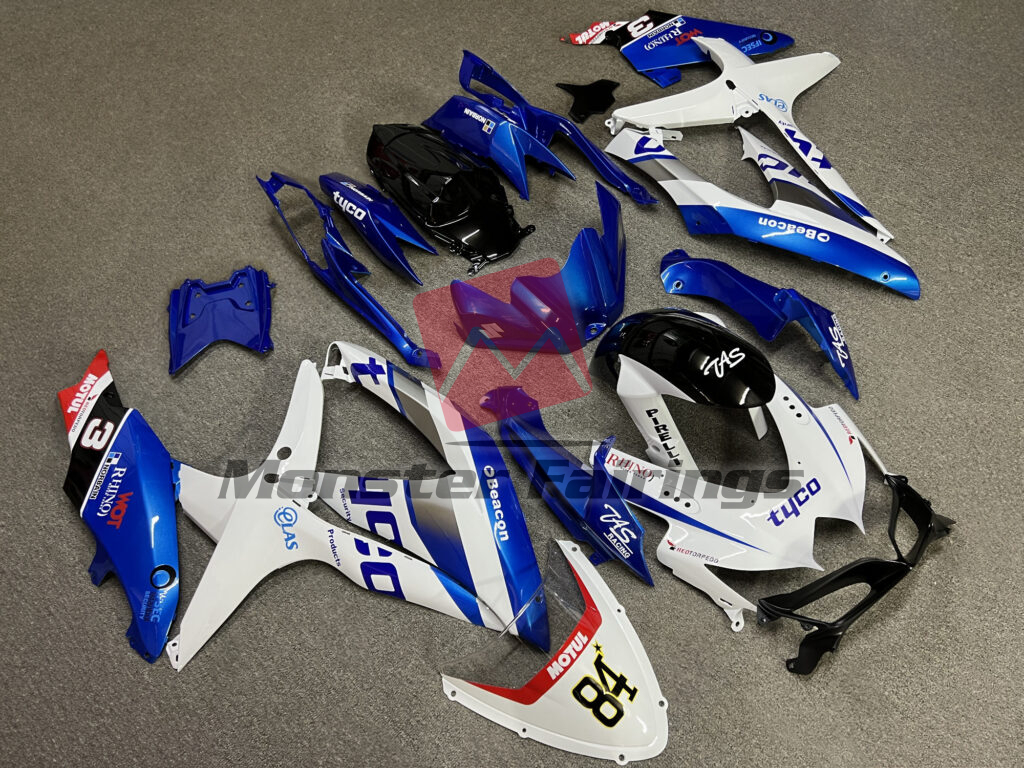 2008 - 2010 Suzuki GSXR Gloss White & Blue with Red TYCO fairing set - ABS injection, custom painted by Monster Fairings