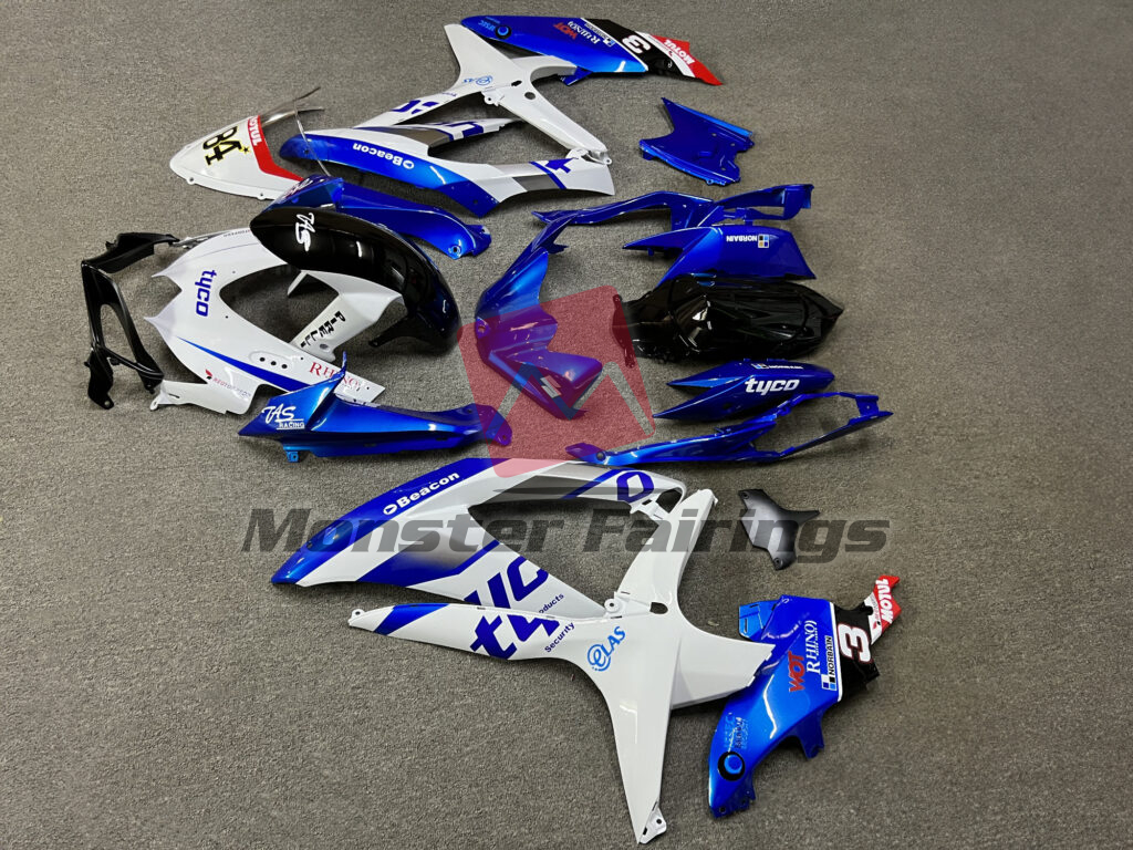 Suzuki GSXR custom ABS fairings 2008 - 2010 in Gloss White & Blue with Red TYCO - durable replacement kit, Monster Fairings