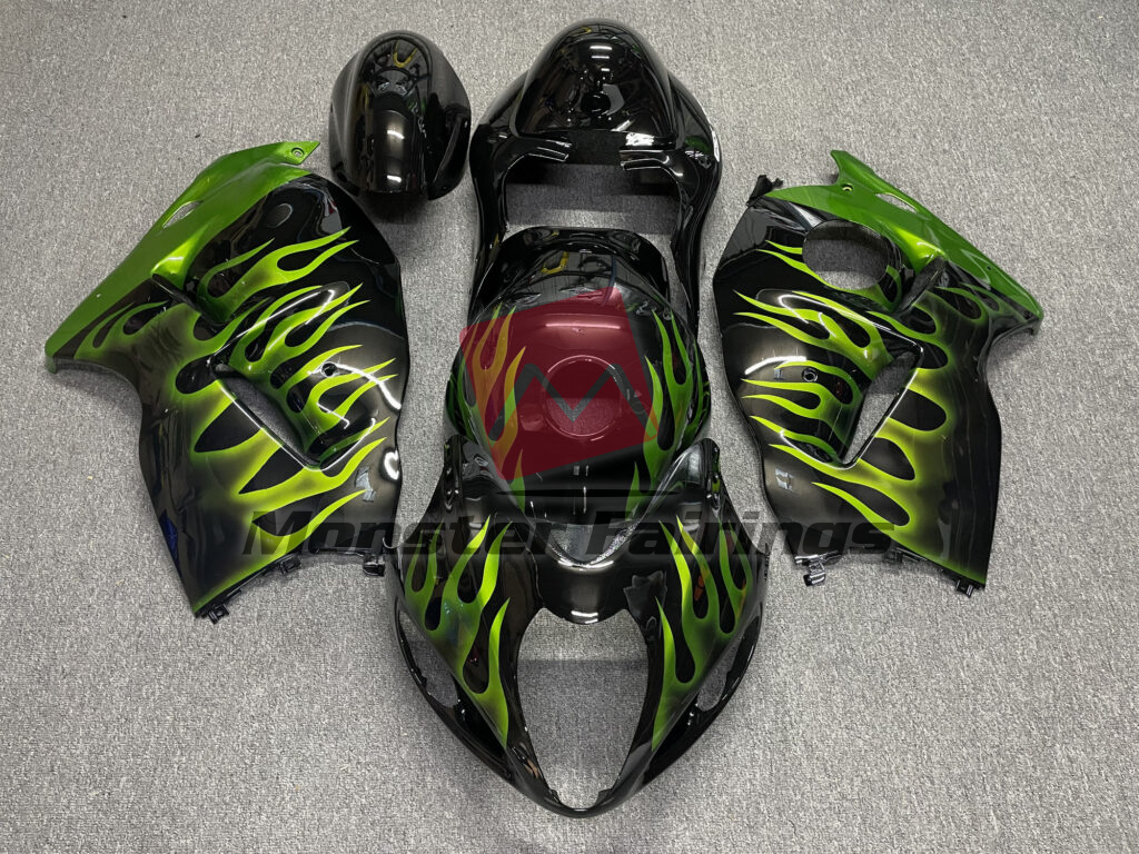Suzuki GSXR 1300 1997 - 2007 Gloss Black with Green Flame ABS fairings - custom motorcycle bodywork kit by Monster Fairings