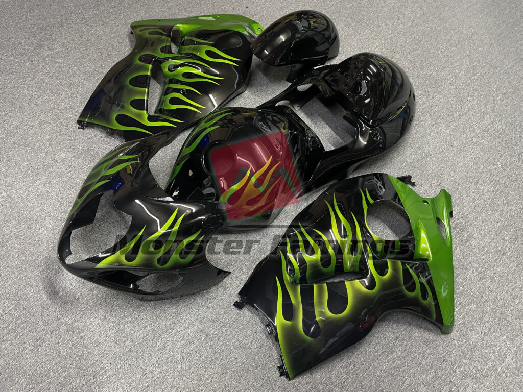Gloss Black with Green Flame ABS fairings for Suzuki GSXR 1300 1997 - 2007 - premium OEM fit kit by Monster Fairings