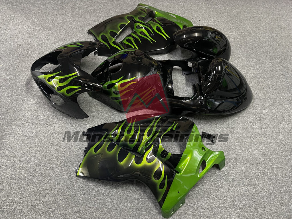 Suzuki GSXR 1300 custom ABS fairings 1997 - 2007 in Gloss Black with Green Flame - durable replacement kit, Monster Fairings