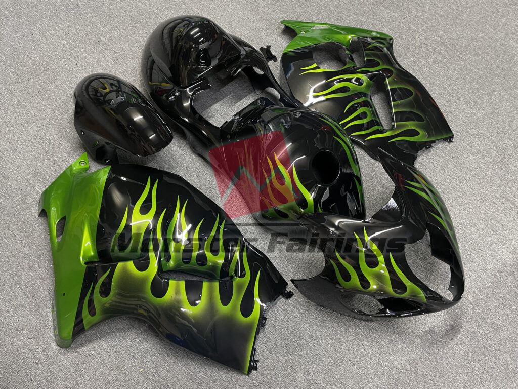 1997 - 2007 Suzuki GSXR 1300 Gloss Black with Green Flame fairing set - ABS injection, custom painted by Monster Fairings