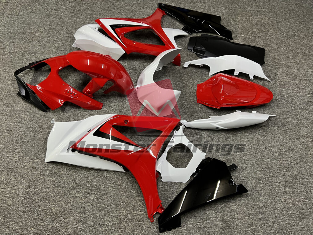2007 - 2008 Suzuki GSXR 1000 Gloss Red & White with Black fairing set - ABS injection, custom painted by Monster Fairings