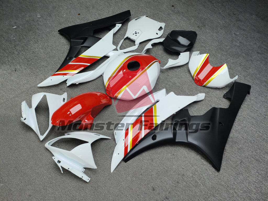 Yamaha R6 custom ABS fairings 2006 - 2007 in Gloss White, Red & Gold with Matte Black - durable replacement kit, Monster Fairings