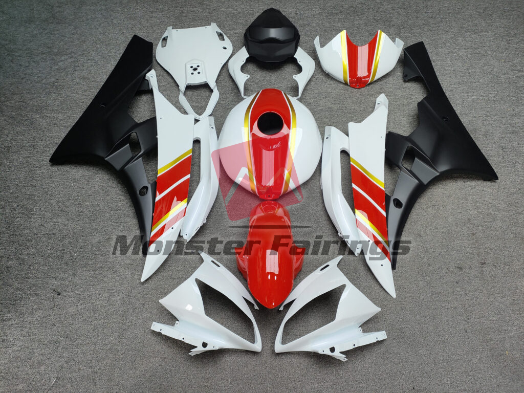 Yamaha R6 2006 - 2007 Gloss White, Red & Gold with Matte Black ABS fairings - custom motorcycle bodywork kit by Monster Fairings