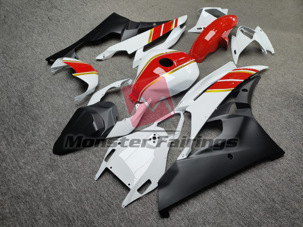 2006 - 2007 Yamaha R6 Gloss White, Red & Gold with Matte Black fairing set - ABS injection, custom painted by Monster Fairings